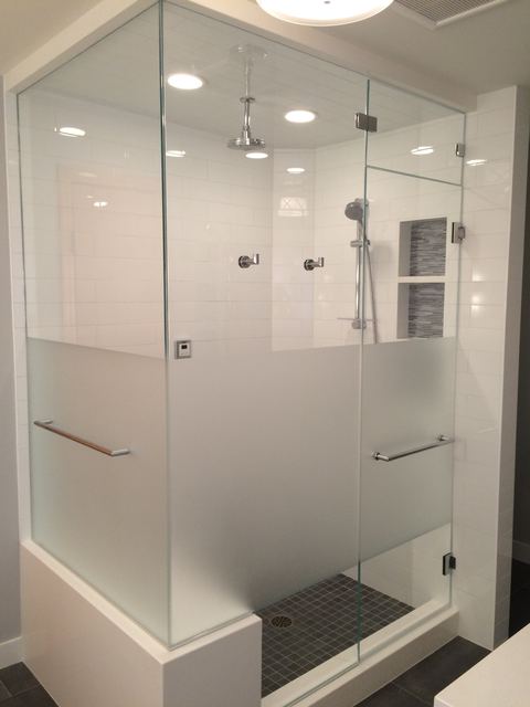 Frameless steam enclosure with a frosted band