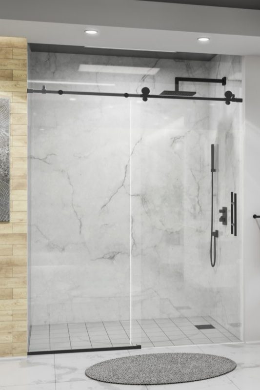Barn door style sliding shower enclosure with exposed top track